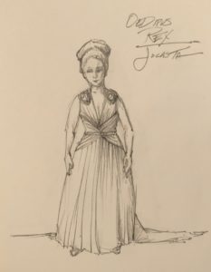 A pencil sketch of one costume idea for Jocasta in OEDIPUS REX.