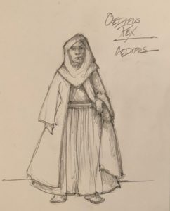 A pencil sketch of one costume idea for Oedipus in OEDIPUS REX.