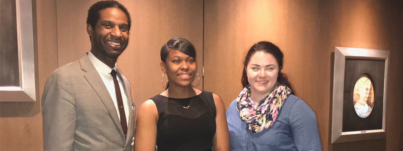 Brea, a student at Walter H. Dyett school and third-place finalist, with Michael Aaron Pogue and her teacher, Ms Graham.