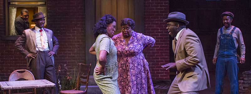 Photo of Kelvin Roston Jr., Jerod Haynes, Ebony Wimbs Felicia P. Fields, Ronald L. Conner, and Allen Gilmore in SEVEN GUITARS by Michael Brosilow.