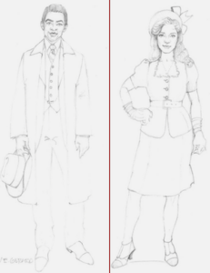 Illustrated 1940s costume designs for one man and one woman. 