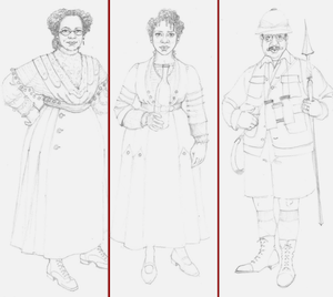 Illustrated Victorian costume designs for two women, and an illustrated costume design for a man dressed as Teddy Roosevelt.