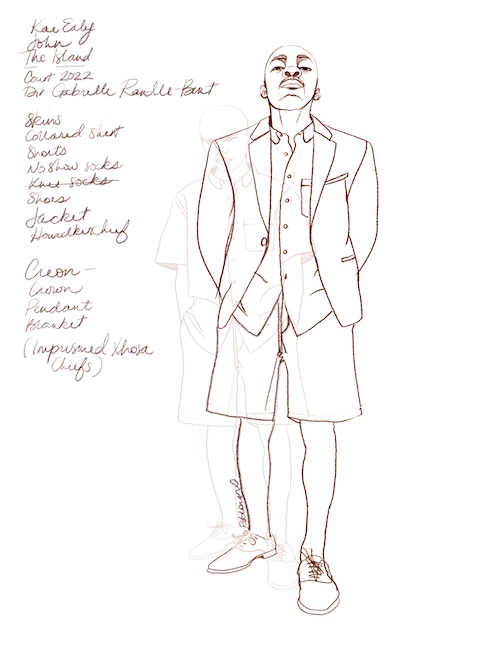 Black and white costume rendering for John (played by Kai Ealy) with costume notes on the left side of the illustration