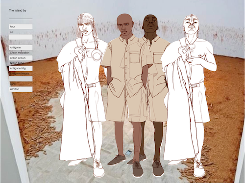 A white room with red sand on the floor and against the walls serves as a backdrop; in front, we see two black and white costume renderings of the characters in Xhosa garb and two colored renderings of them in their beige prison uniforms.