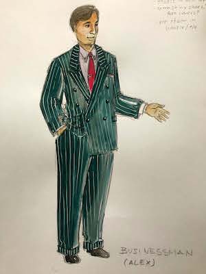 An illustration of a man in a green striped suit. 