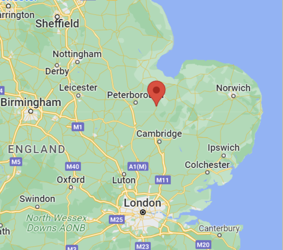 Google maps screenshot with a red pin showing the location of the Fen District in the United Kingdom. 