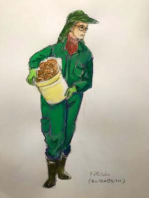 An illustration of a woman in a bright green work jumpsuit; she is holding a yellow bucket filled with potatoes.