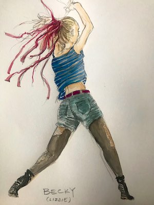 An illustration of a woman from behind; she is wearing dark tights, denim shorts, and a tank top, and she has maroon ribbons in her hair.