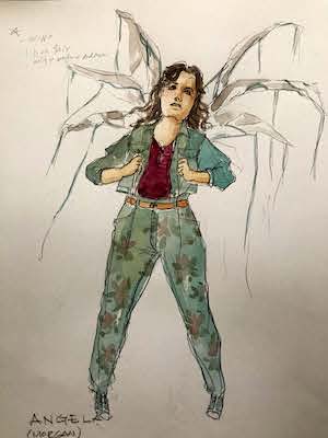 An illustration of a woman wearing green cargo pants, a red top, and a denim jacket; she has a wing-like structure attached to her back.
