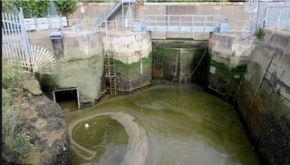 A series of high walls creates a semi-circle; there is green, swirling water in the middle and the walls have ombre (brown to green) stains on them.