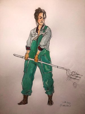 An illustration of a woman holding a hoe. She is wearing a gray shirt and green overalls with her hair in a messy bun.