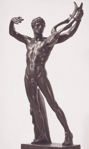 A metal statute of a man holding a harp.