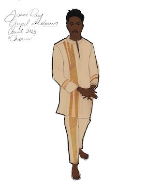 A costume rendering of a man in a flowing beige top and beige pants. Both the top and the pants have a gold stripe running down the side. This is a rendering for a member of the Chours, played by Isaac Ray, in Court Theatre's production of THE GOSPEL AT COLONUS.