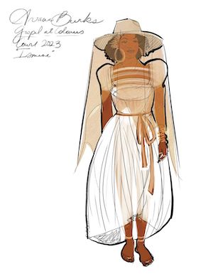 A costume rendering of a woman in a white dress, a large white, wide-brimmed hat, covered in a beige veil, and gold jewelry. This is the rendering for Ismene, played by Ariana Burks, in Court Theatre's production of THE GOSPEL AT COLONUS.