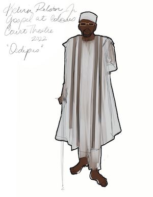 A costume rendering of a man in white robes wearing a small white hat and sunglasses. This is the rendering for Oedipus, played by Kelvin Roston Jr., in Court Theatre's production of THE GOSPEL AT COLONUS.