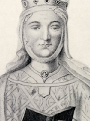A black-and-white portrait of Eleanor of Aquitaine shows her from the chest up. She wears a crown, ornately patterned clothes, and a robe or cape. She also wears a veil covering the back of her head and a broach around her neck. She holds a book and looks ahead, smiling gently.