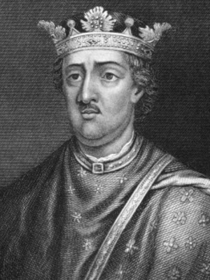 A black-and-white portrait of King Henry II shows him from the chest up. He is wearing a crown and ornately patterned robes and looks off quizzically into the distance.