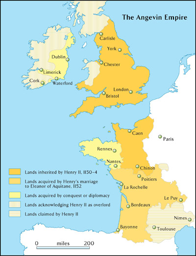 A color coded map shows the land King Henry II held during his reign. In 1150, Henry inherited almost all of modern-day England and a chunk of northwestern France, including Caen and Chinon. Henry acquired a large portion of southwestern France through his marriage with Eleanor of Aquitaine in 1152. This section includes Poitiers and Bordeaux. He also used conquest or diplomacy to gain more territory in northwestern France, including Nantes, and parts of eastern Ireland. Additional lands in the UK and France acknowledged Henry’s sovereignty or were claimed by him. Overall, Henry ruled all of western France and a large portion of central France. 