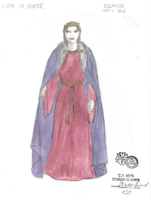 An illustration of a woman in a red dress with a purple fur-lined cape.