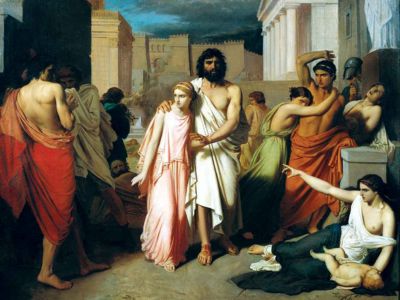 A painting called Oedipus and Antigone, or the Plague of Thebes, by Charles Jalabert in 1843. In the middle of the painting walks Oedipus, wearing a white, one-shoulder robe, and with his daughter Antigone, wearing a pink, floor-length robe. Oedipus’s eyes are closed, and his arm is around Antigone. As they walk through the city, other people react to their presence with anger, fear, and disgust. They point, glare, turn away, whisper, etc.