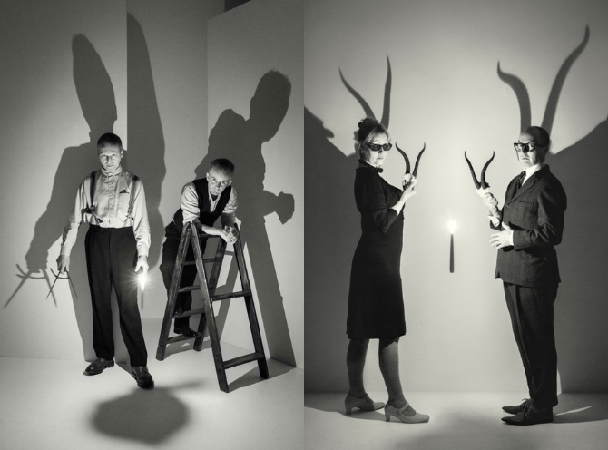 Two photos illustrating shadow play. One of two men and a ladder and one of a woman and a man with horns formed by shadows.