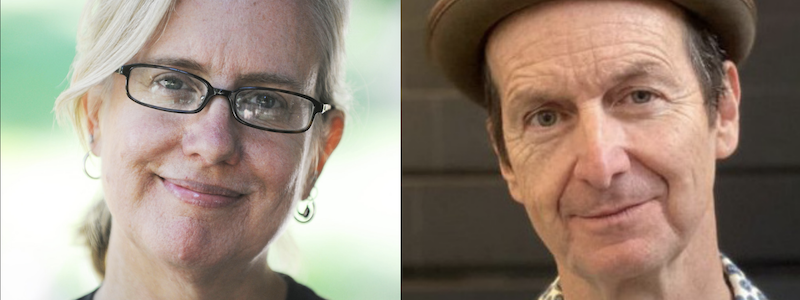 Split screen Headshot of Lisa Peterson and Denis O'Hare