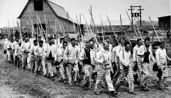 Prisoners wearing striped collared uniforms march in lines, 4 people across and 13 rows long. They each carry a hoe over their right shoulder, with the handles upward and extending behind them.