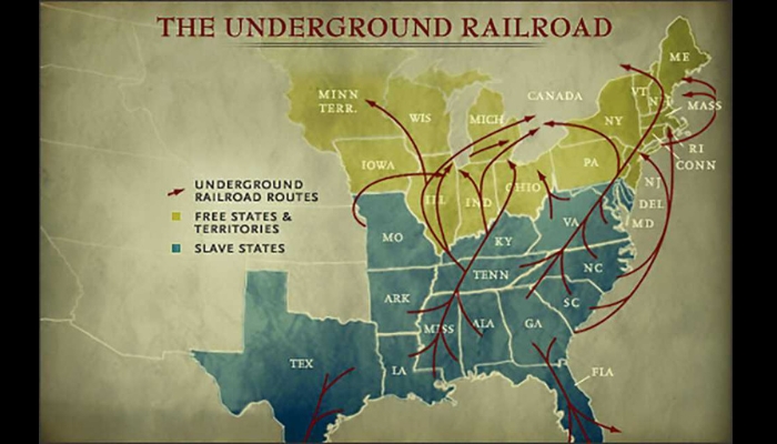 A map of the eastern United States shows slave states in blue and free states in green. Arrows from slave states to free states indicate the path that enslaved people took to find freedom in the North.