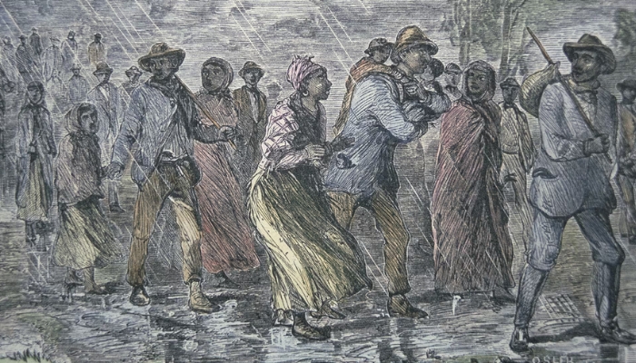 A painting depicts 25 or more enslaved people walking through rain as they make their way on the underground railroad on their way to the free states.