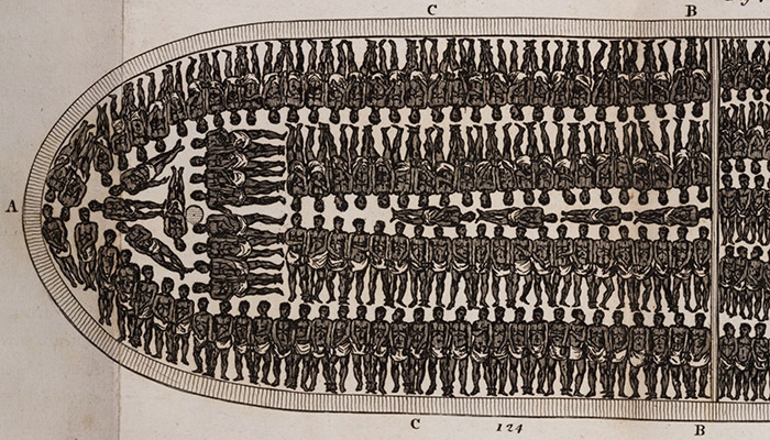 This image shows how enslaved Black Africans were tightly crammed and chained on ships during the Middle Passage.
