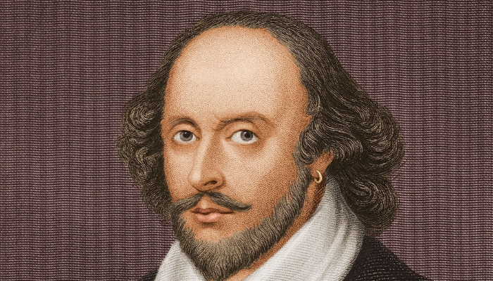 A portrait of William Shakespeare, a white man with a beard and mustache, receding hairline, and hair down to his shoulders. He sports a gold earring and a quizzical look.