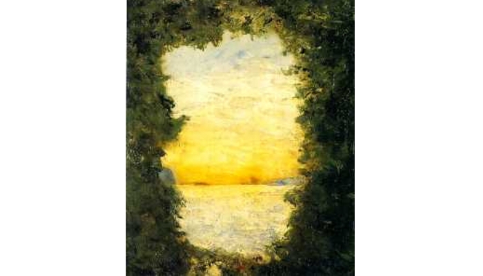 A painting shows a ring of foliage, through which the sea and horizon can be seen. The sky and water both burn yellow with sunlight, with only a bit of blue visible. The foliage is dark and lush.