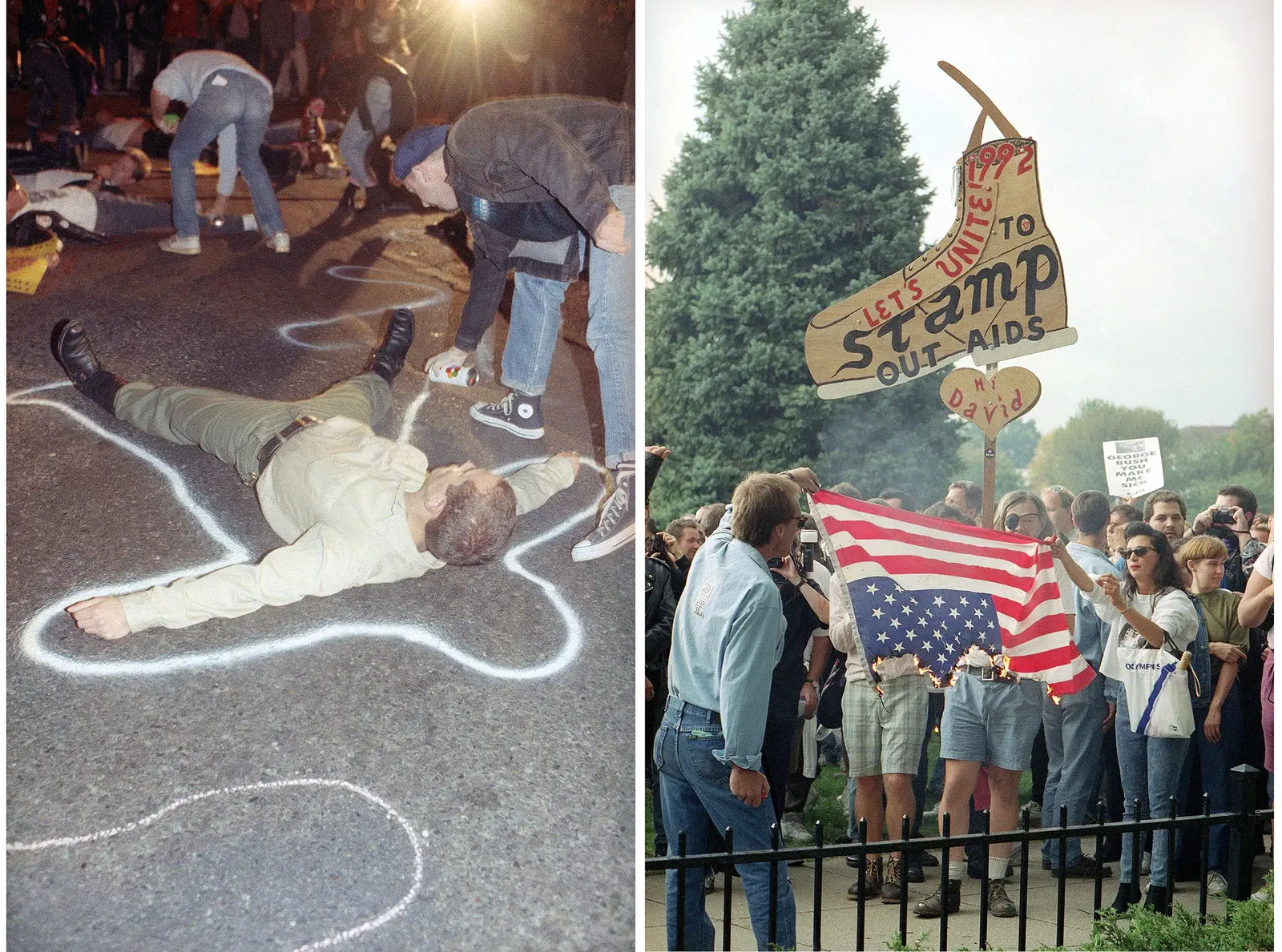 Above the burning United States flag, a cardboard sign shaped like a boot reads, “Let’s unite to stamp out AIDS.”