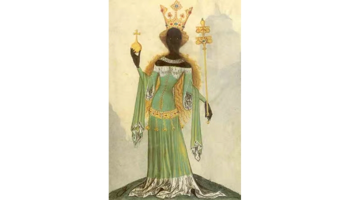 An elegant dark-skinned Black woman wearing a mint-green dress and tall jeweled crown and holding a scepter.